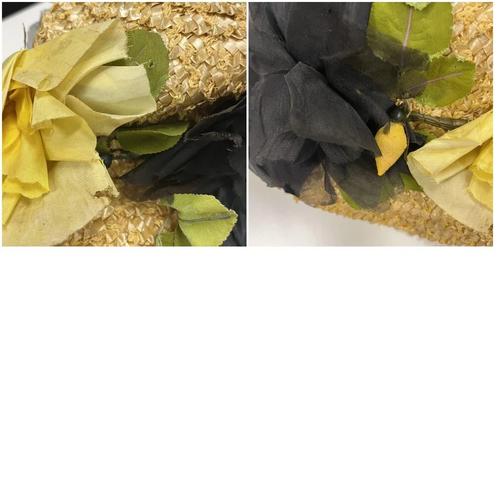 Vintage Mr Rickie Hat Cap Straw Floral Yellow Black Wide Brim Womens Spring 50s